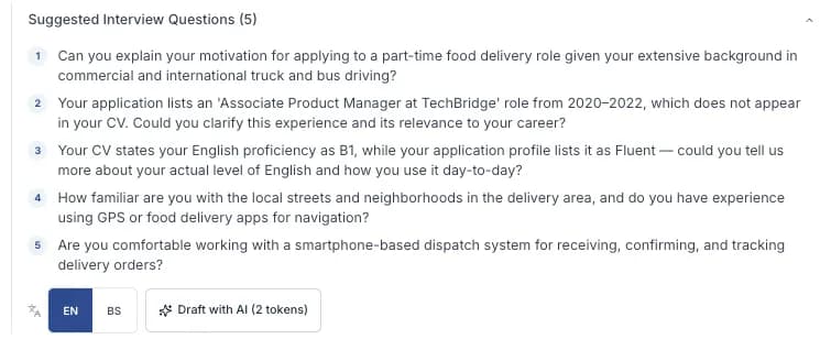 The AI screening card with its draft-questions button