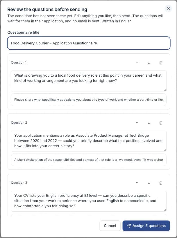 The AI questions review modal with editable questions
