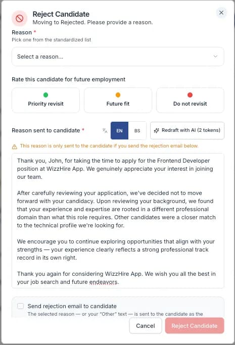 The rejection dialog with its AI draft button and language picker