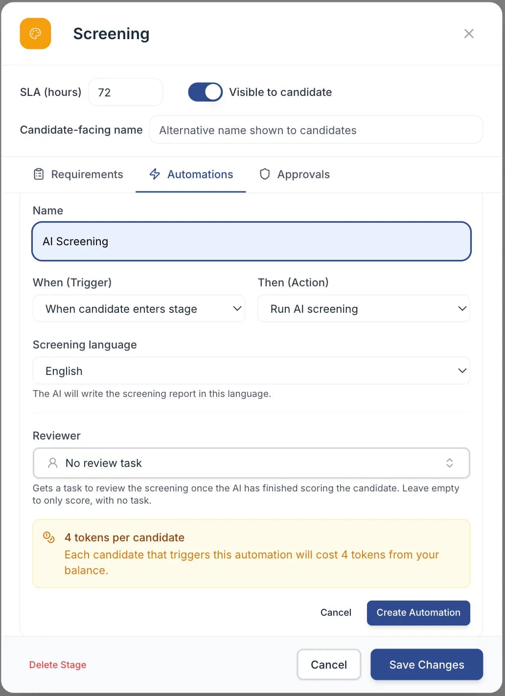The Automations tab of a pipeline stage with a Run AI screening automation