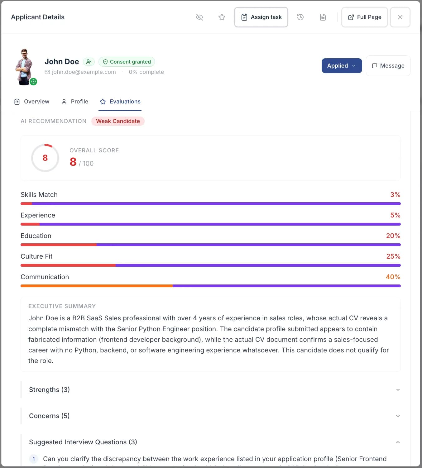 A completed AI screening card showing the score, summary, strengths and concerns