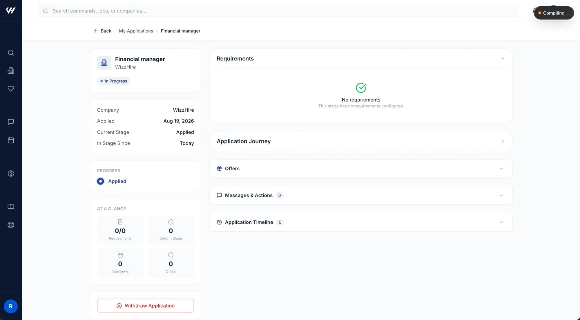An application detail view with progress and timeline