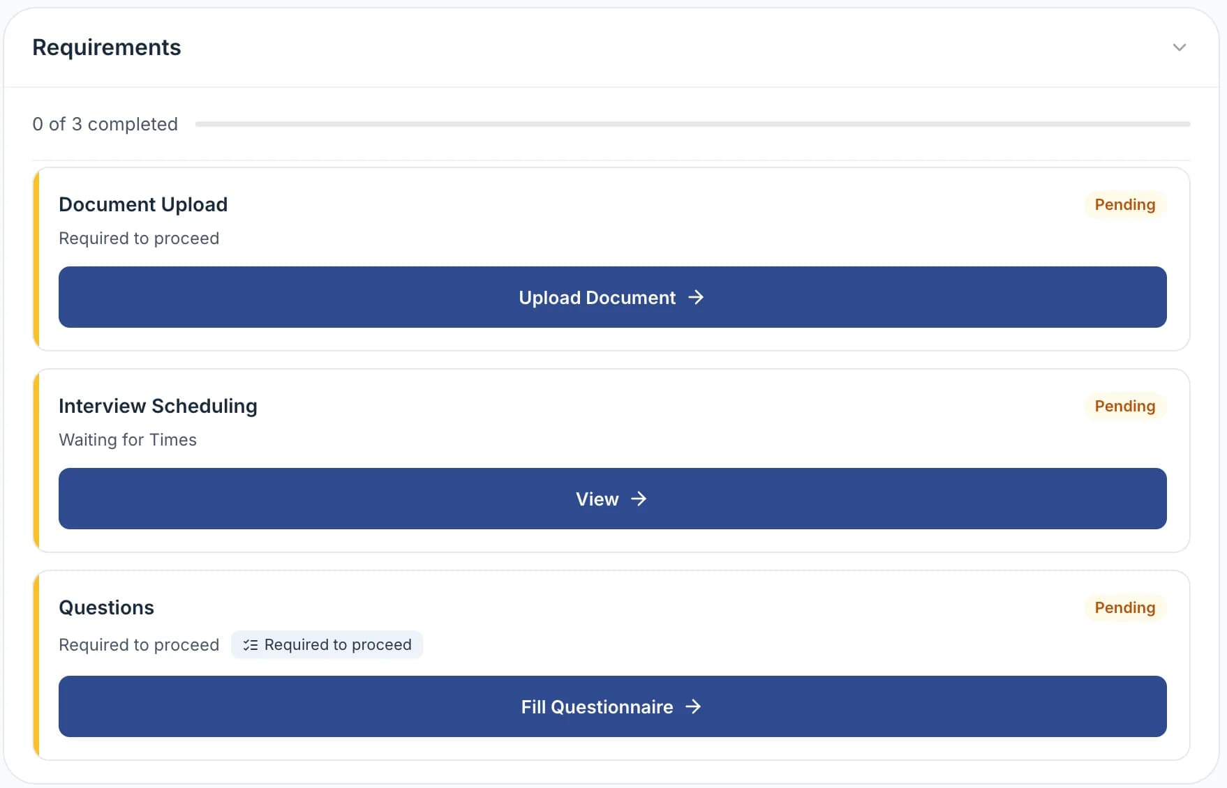 The Requirements panel with a document, an interview and a questionnaire to complete