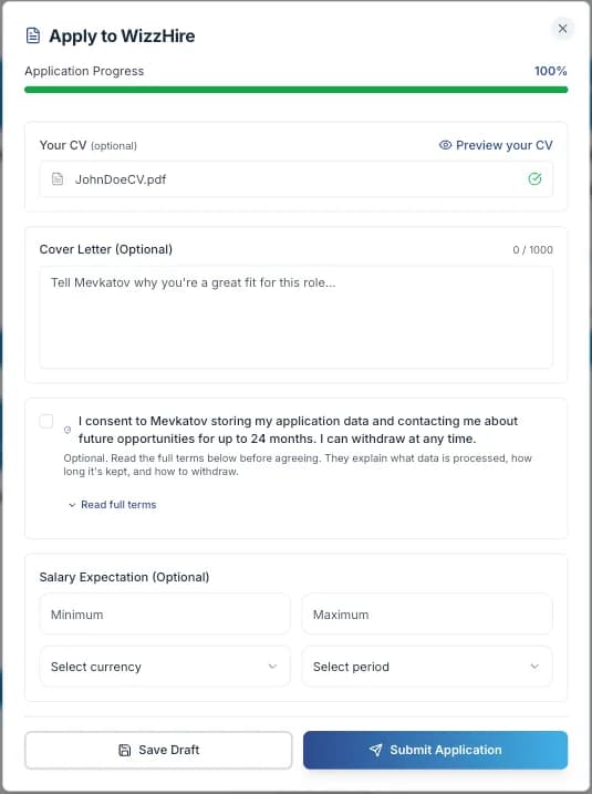 The apply form with the CV carried over from your profile