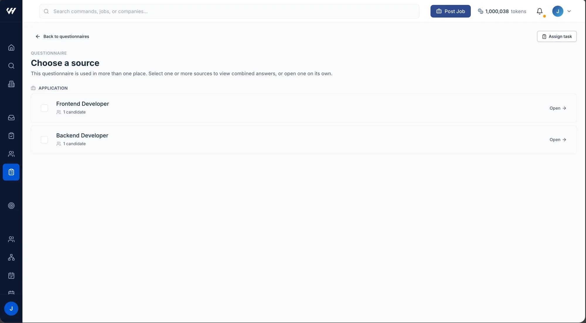 The Choose a source dialog, listing the jobs and stages a reused questionnaire is attached to