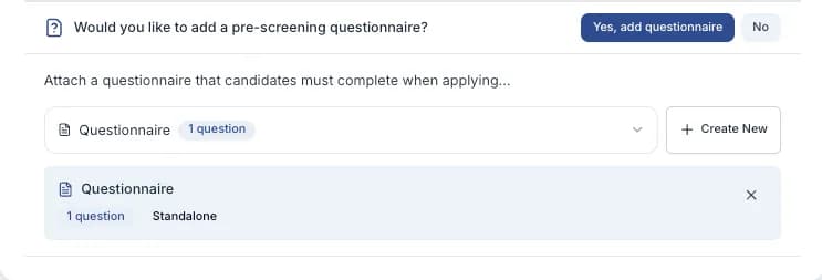 Step 2 of the create-job wizard, with the questionnaire section open and a questionnaire selected