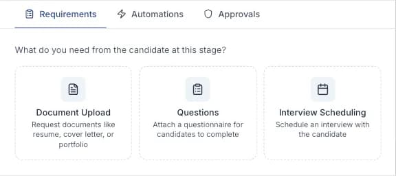 The stage requirement type picker, showing Questions, Document Upload and Interview Scheduling