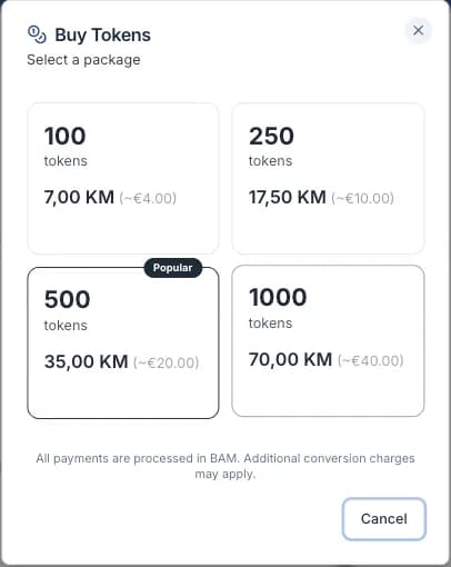 The Buy Tokens dialog with the token packages