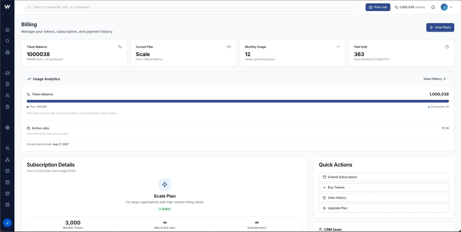The Billing page showing token balance, usage and renewal date