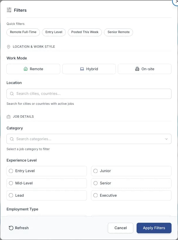 The Jobs list with the filter panel open
