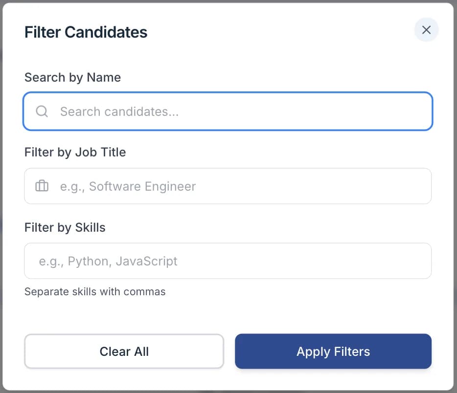 The Filter Candidates panel