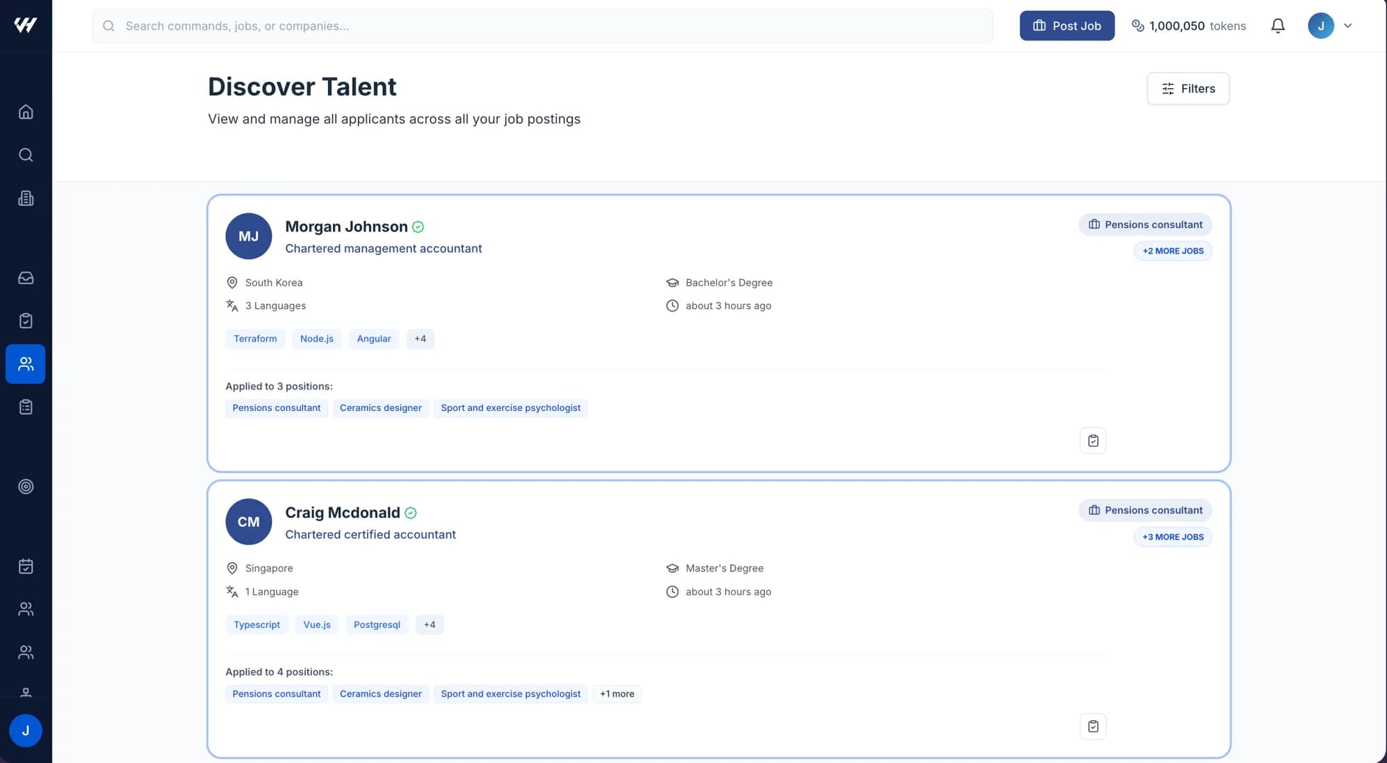 The Candidates page with its searchable list