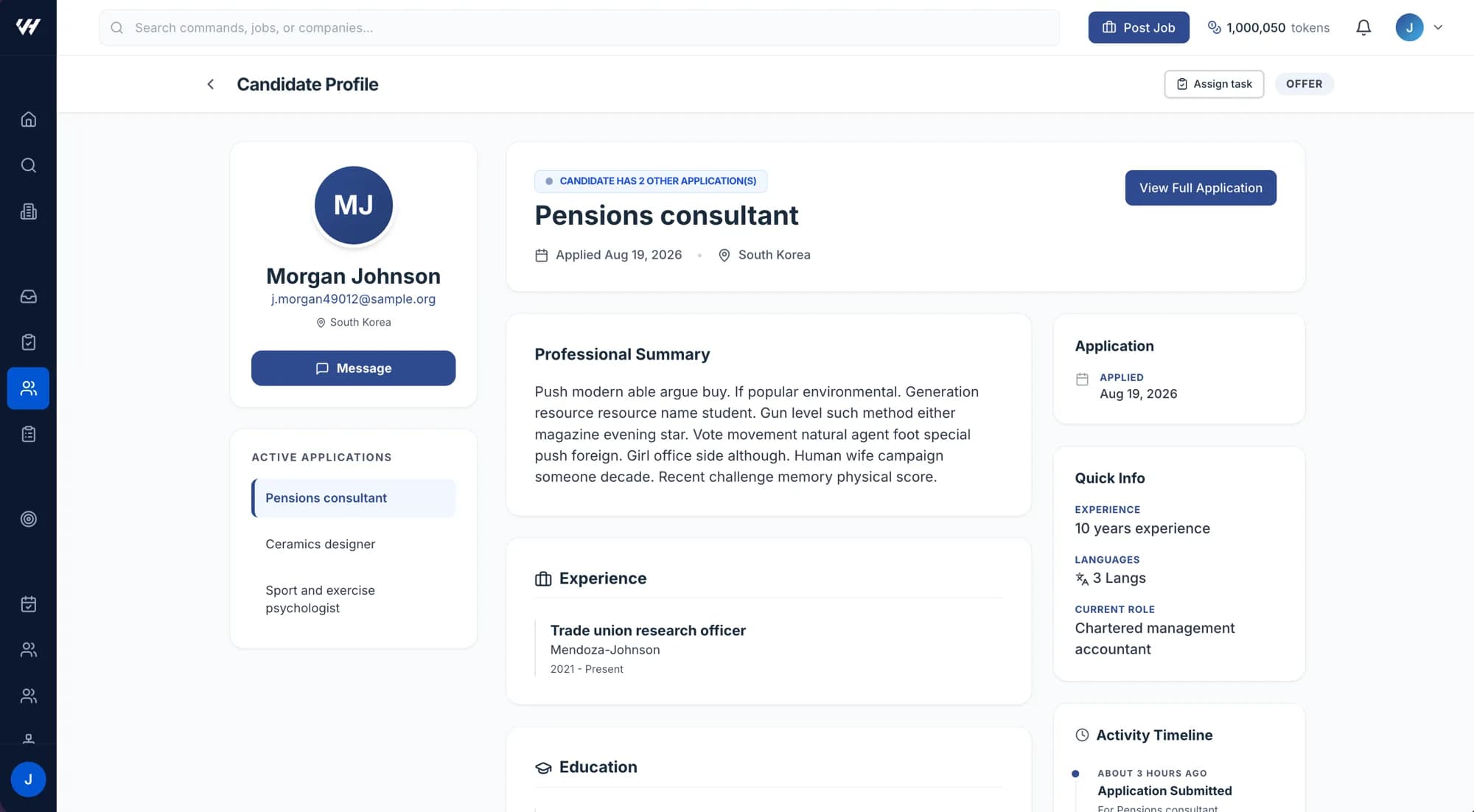 A candidate profile with experience, skills and timeline