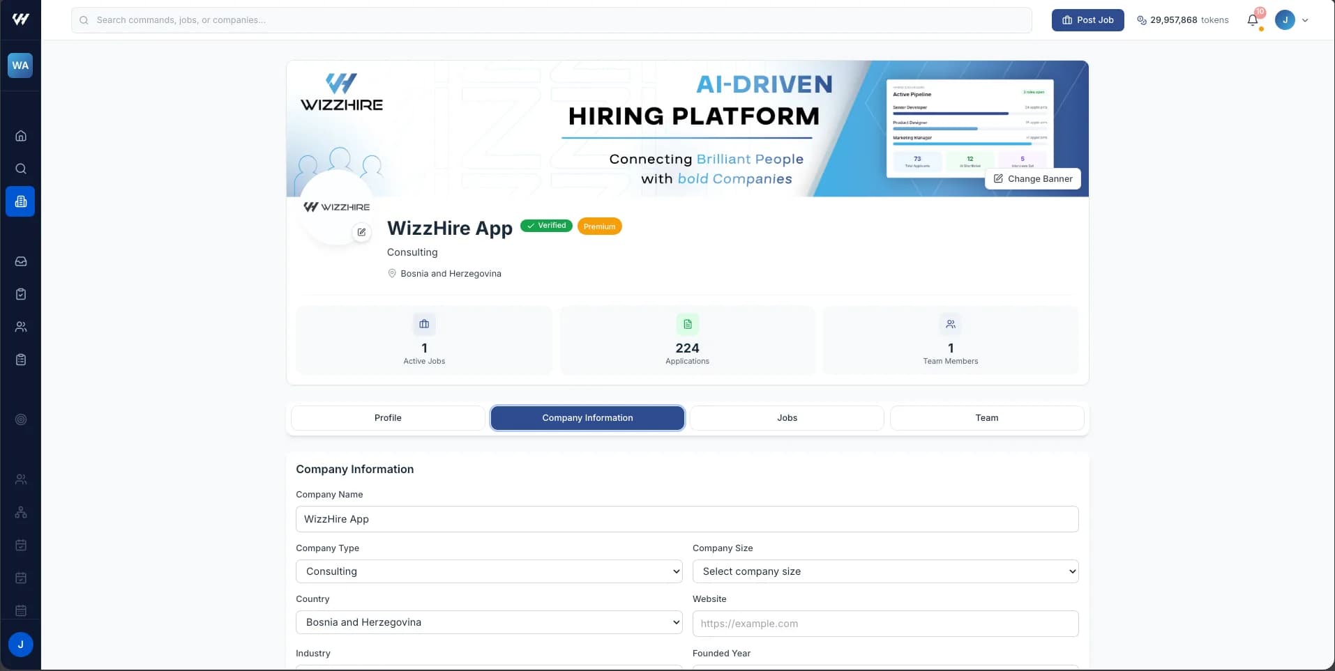 The Company Information tab holds every editable field of your profile.