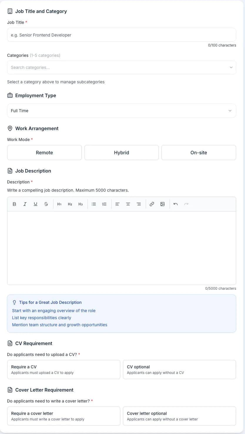 The Step 1 Job Details form