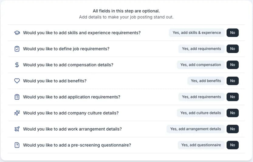 Step 2: the optional detail sections you can switch on