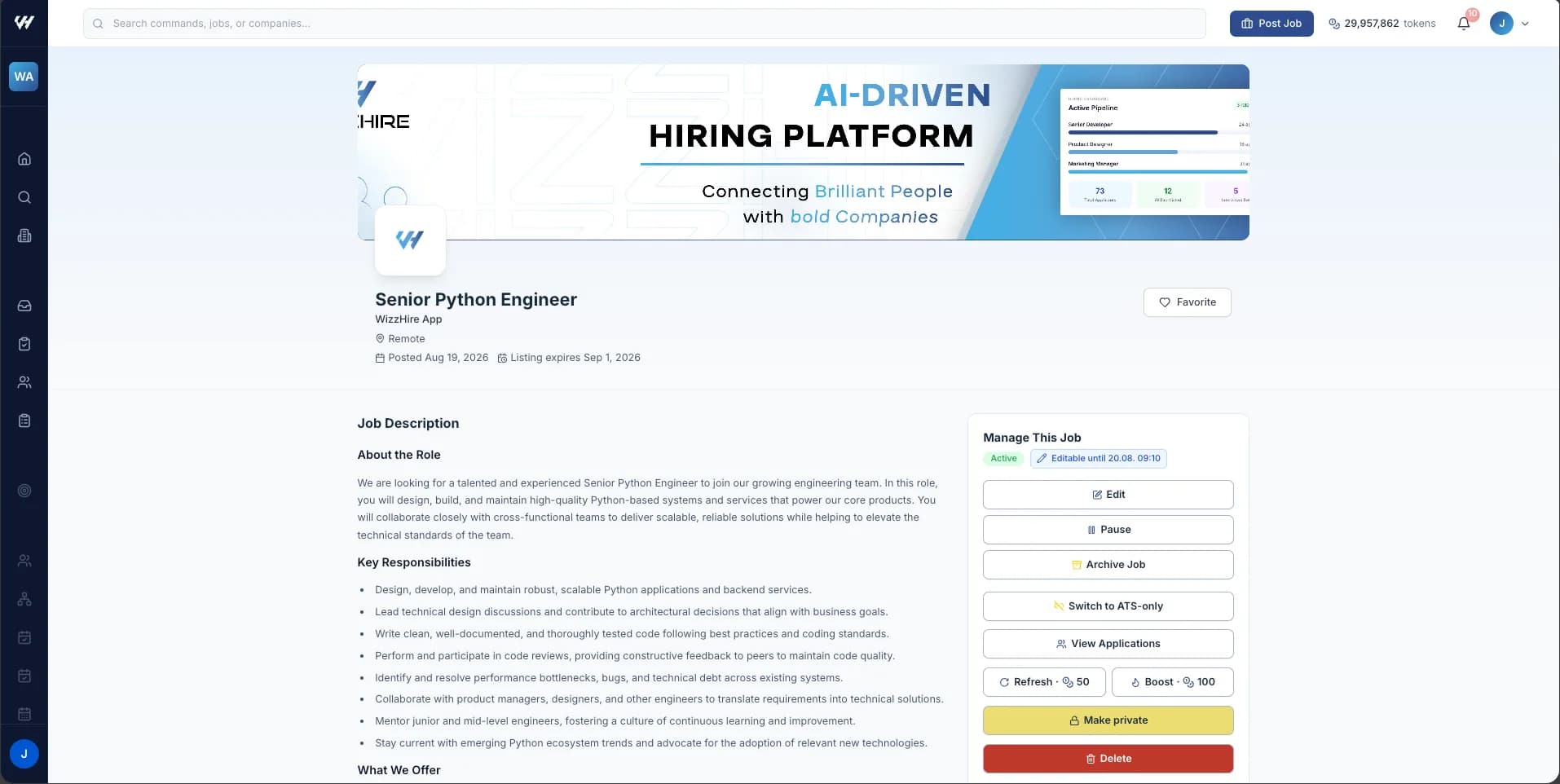 The Manage This Job panel with status and action buttons