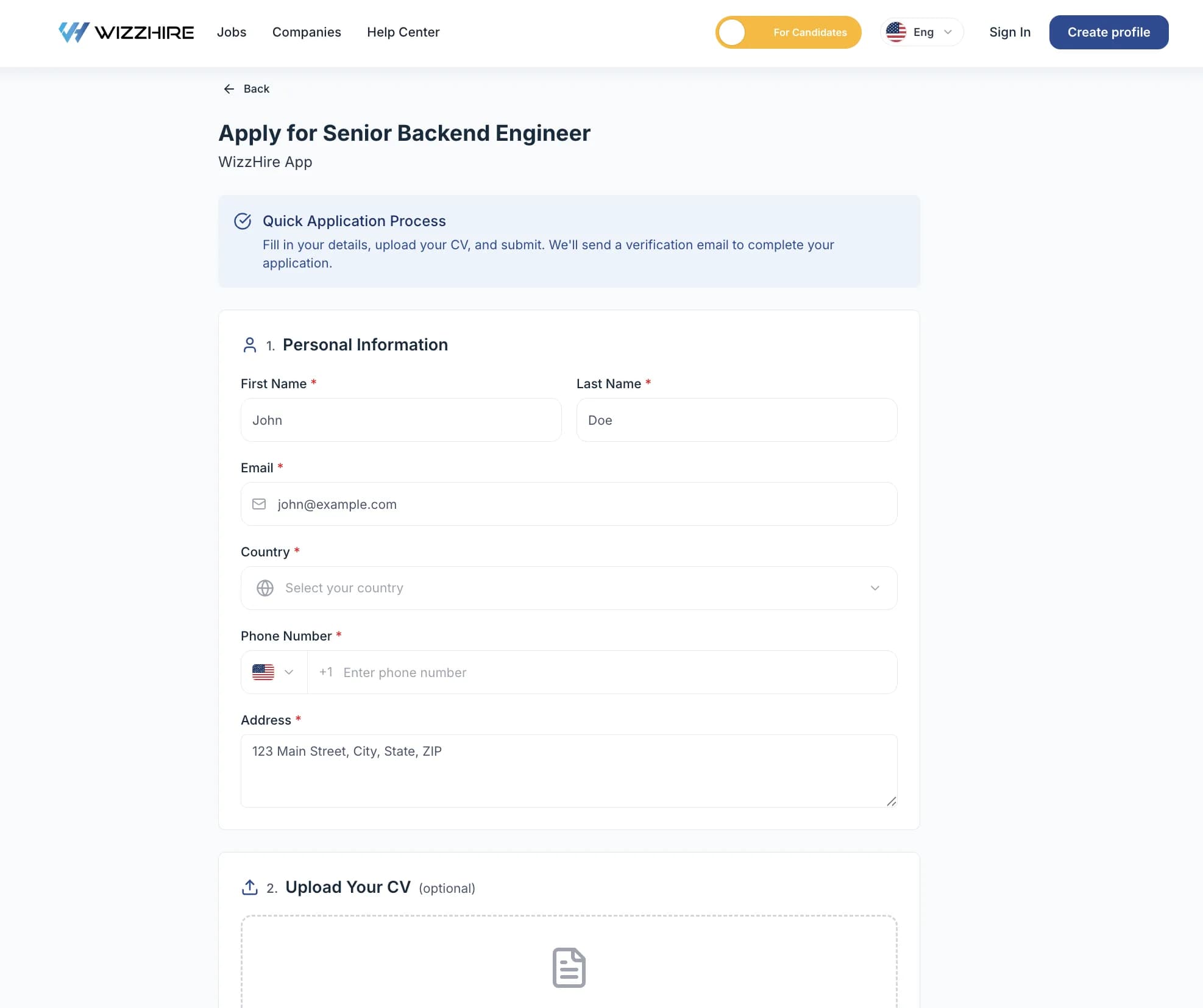 The guest application form with personal details and CV upload