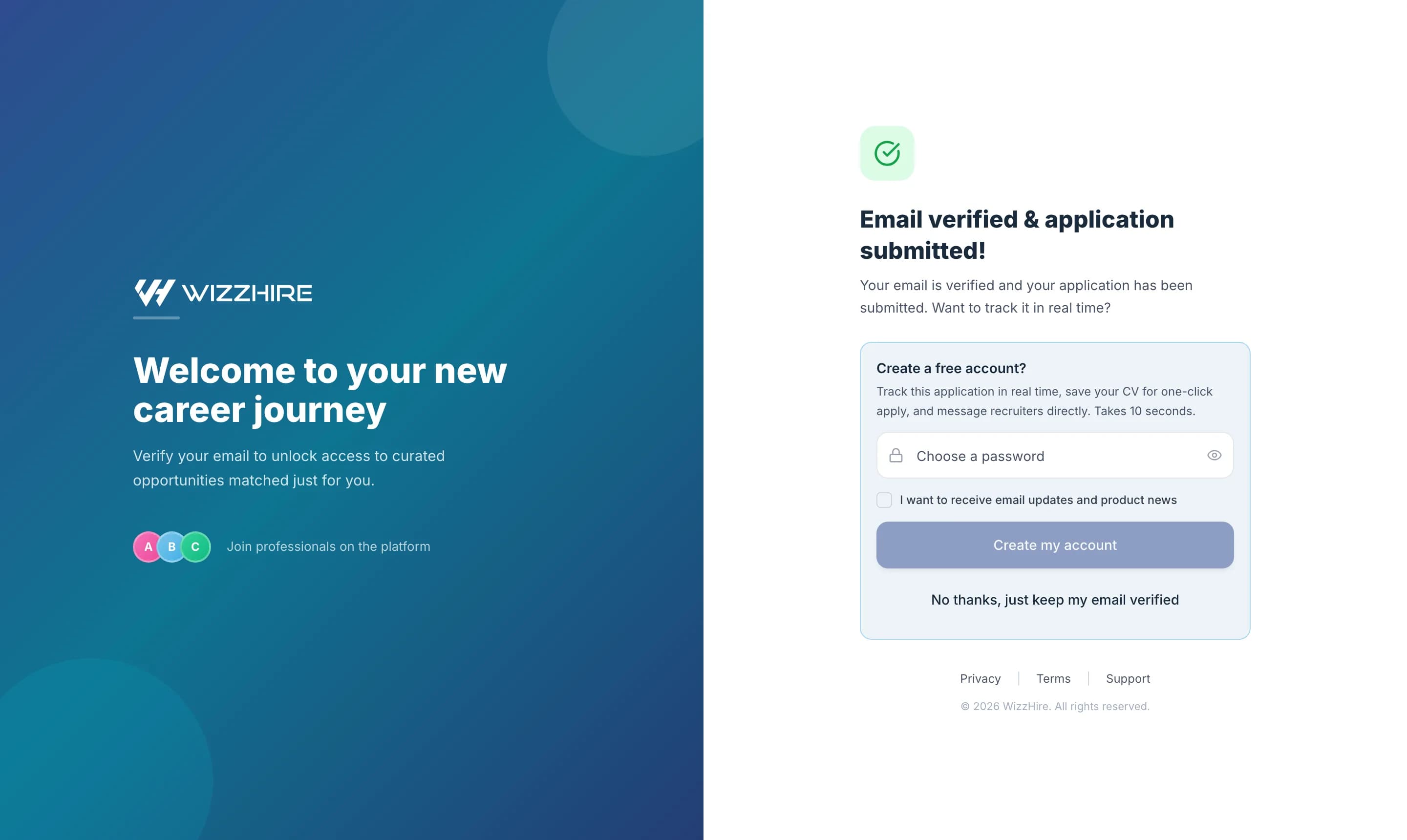 The 'Email verified and application sent' confirmation screen