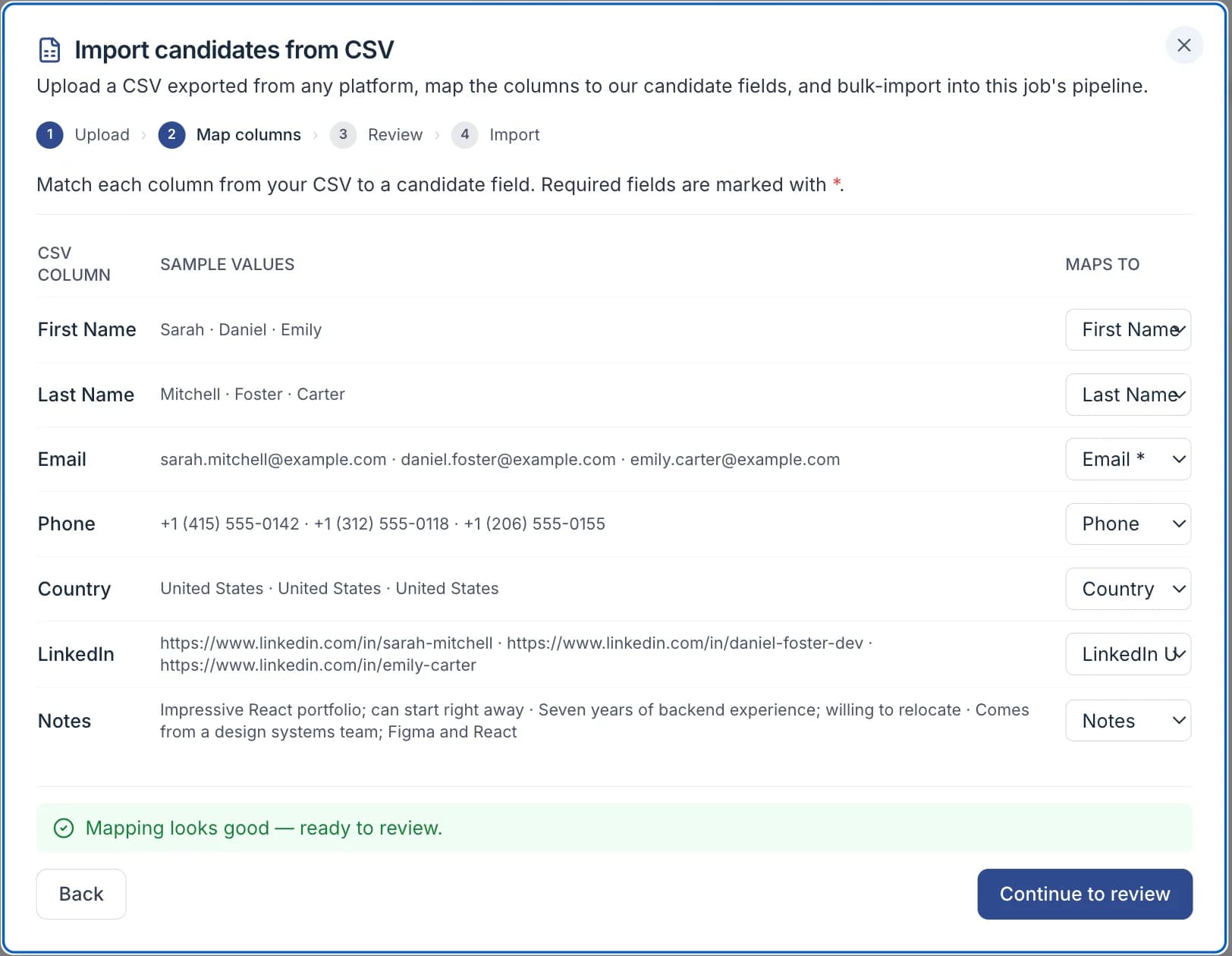 The CSV column-mapping step of the import