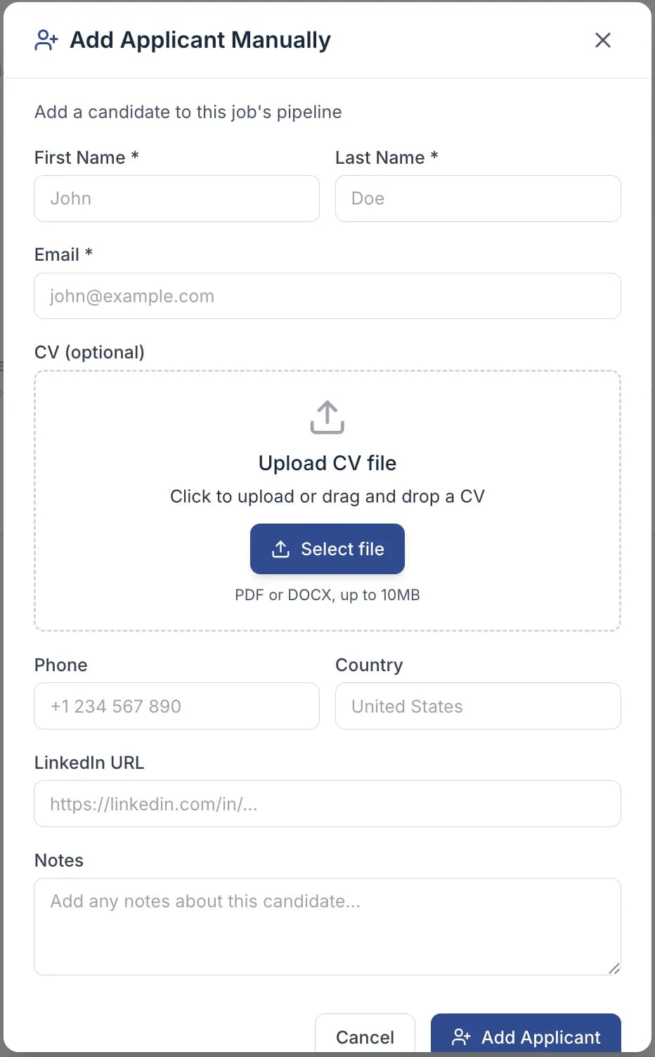 The Add Applicant Manually form