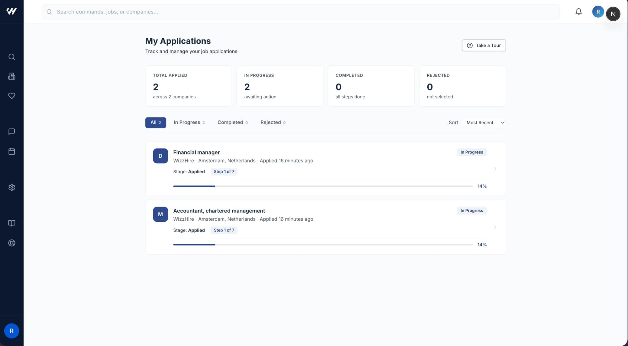 The My Applications page with its counts and cards