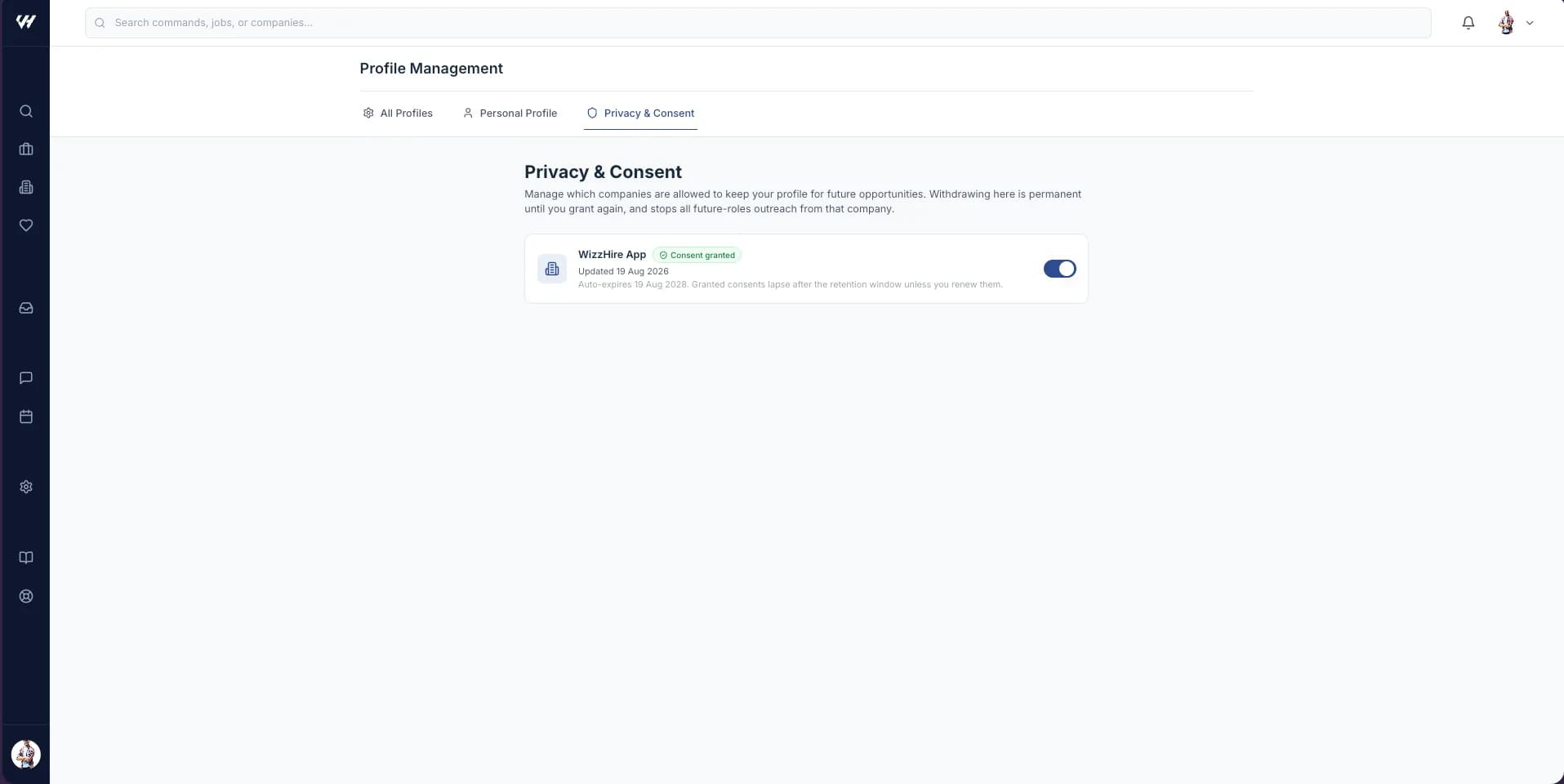 The Privacy page listing each company with a consent switch