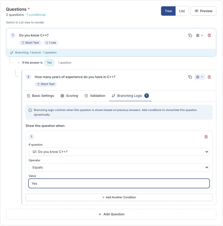 The Branching Logic tab of a question, showing a condition with If question, Operator and Value