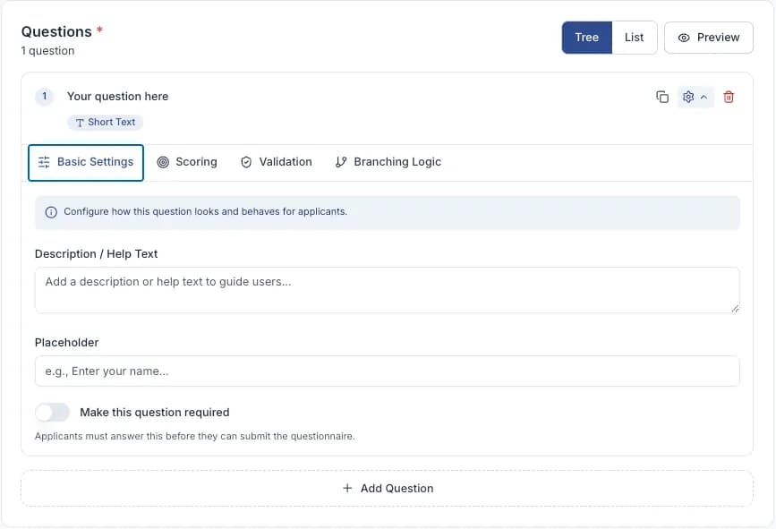 An expanded question in Configure, with the Basic Settings, Scoring, Validation and Branching Logic tabs