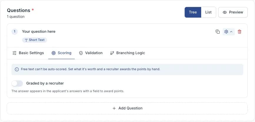 The Scoring tab of a question, with Graded by a recruiter switched on and a Worth value set