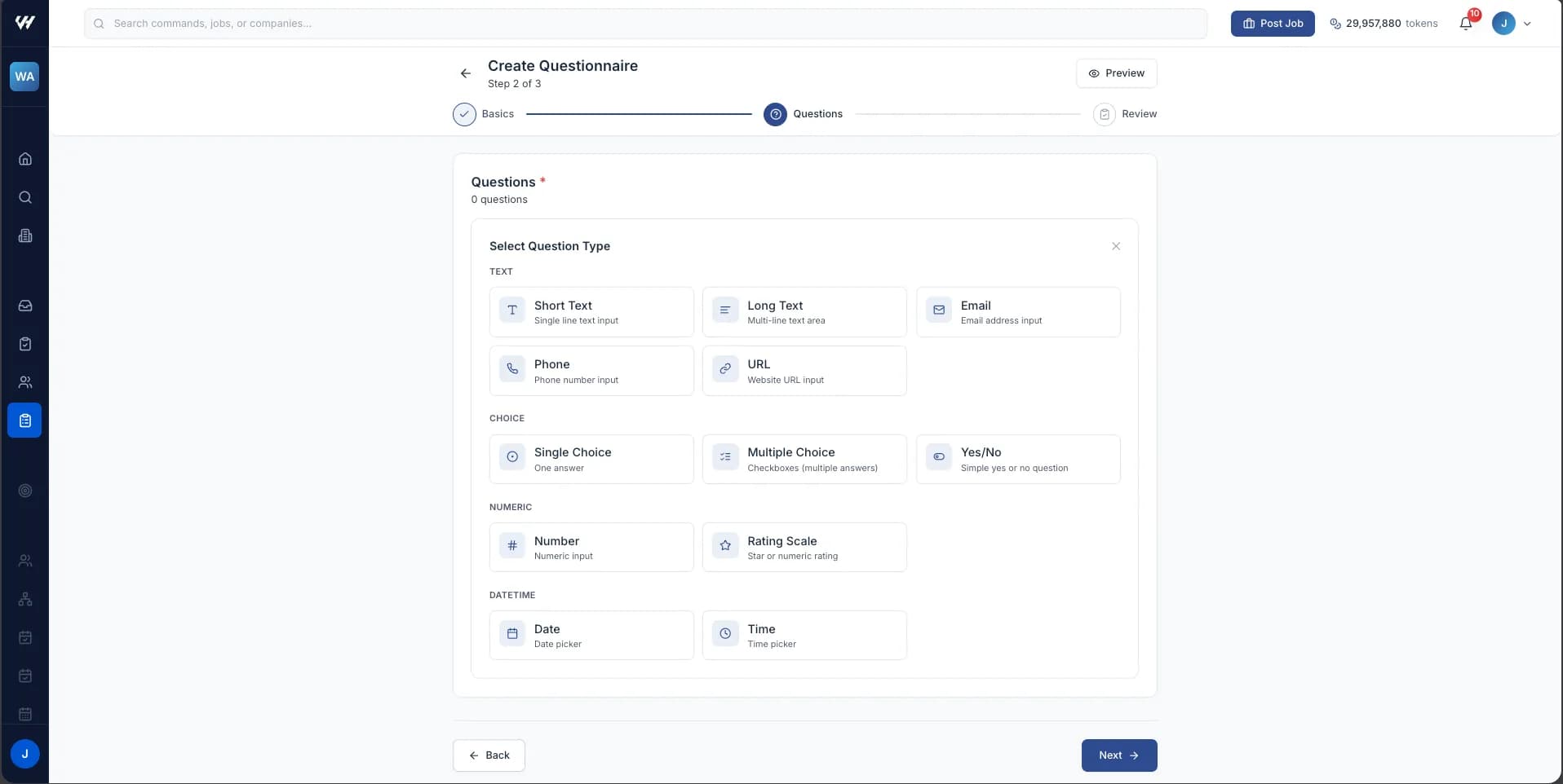 The Select Question Type picker showing the Text, Choice, Numeric and DateTime groups