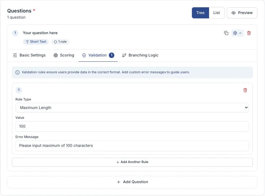 The Validation tab of a question, showing a rule with Rule Type, Value and Error Message