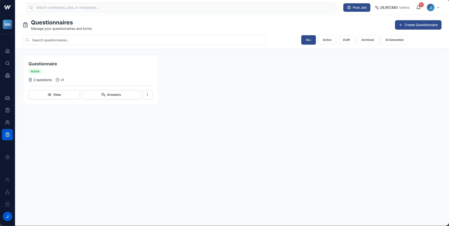 The Questionnaires page with its search box, filter chips and questionnaire cards