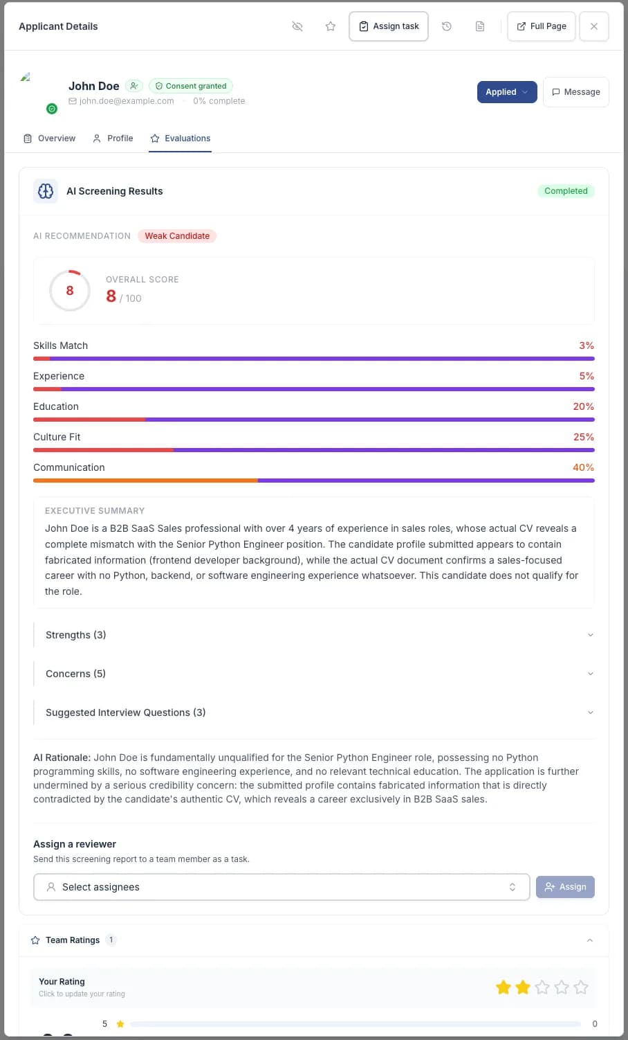 A candidate’s actions: move stage, star rating, message
