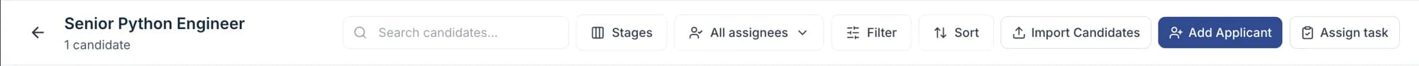 The pipeline search, stage and assignee filters
