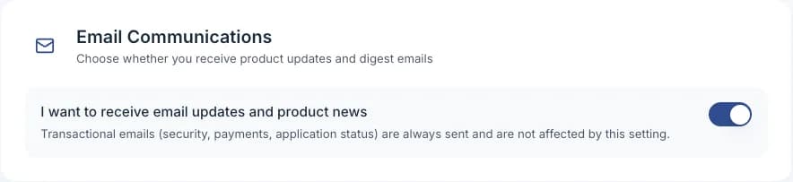 The Email Communications card in Settings with its toggle