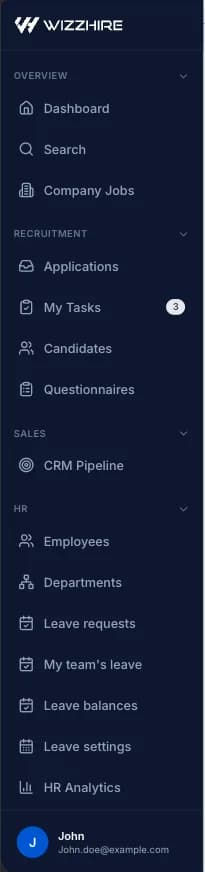 A company account gets the full hiring workspace in the sidebar.